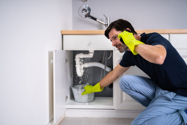 Sad Young Man Calling Plumber In Front Of Water Leaking From Sink Pipe